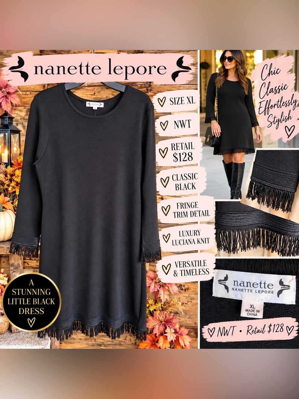 Nanette Lepore Black Long-Sleeve Fringe-Trim Shift Dress